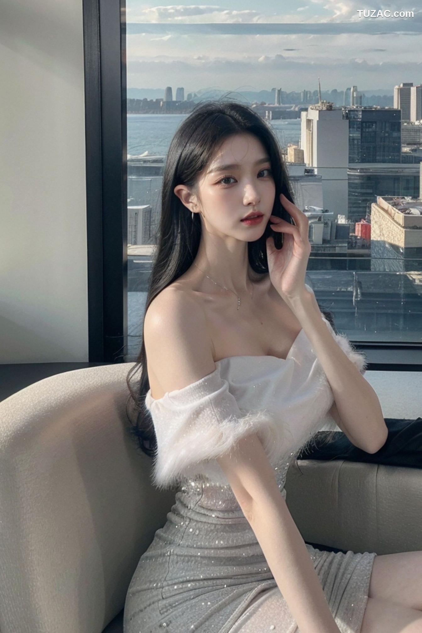 AI美女-拟实-沙发上的白裙美女