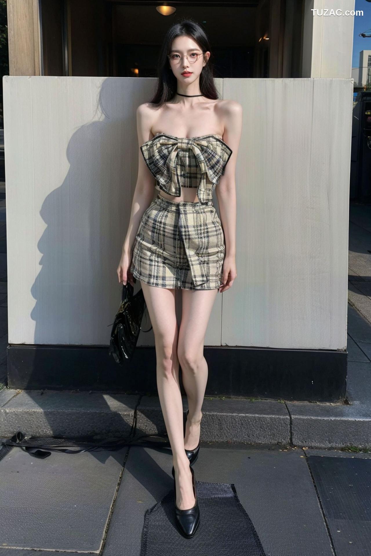 AI美女-超写实-格子蝴蝶结抹胸黑短裙美女街拍