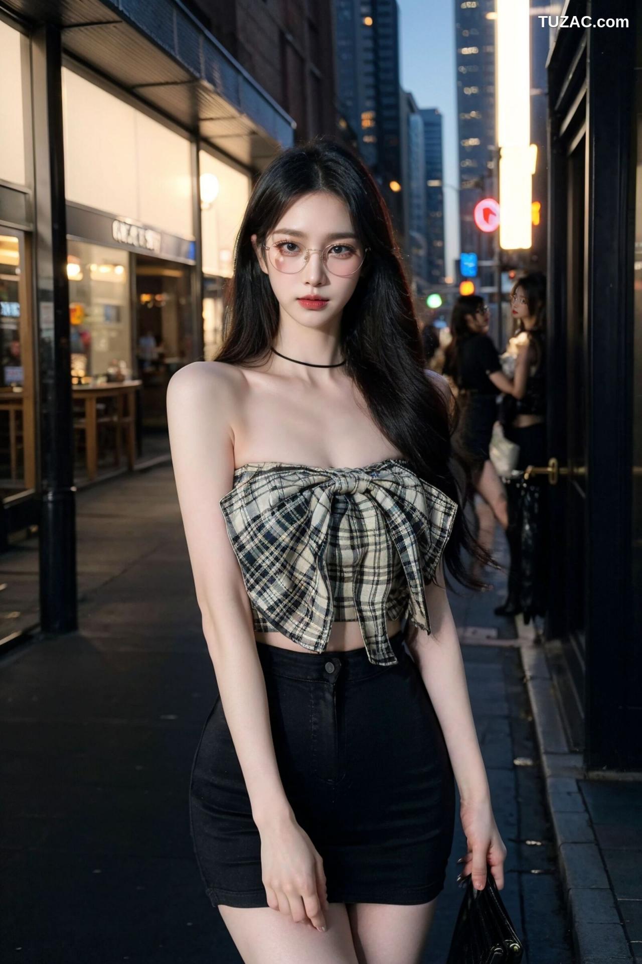 AI美女-超写实-格子蝴蝶结抹胸黑短裙美女街拍