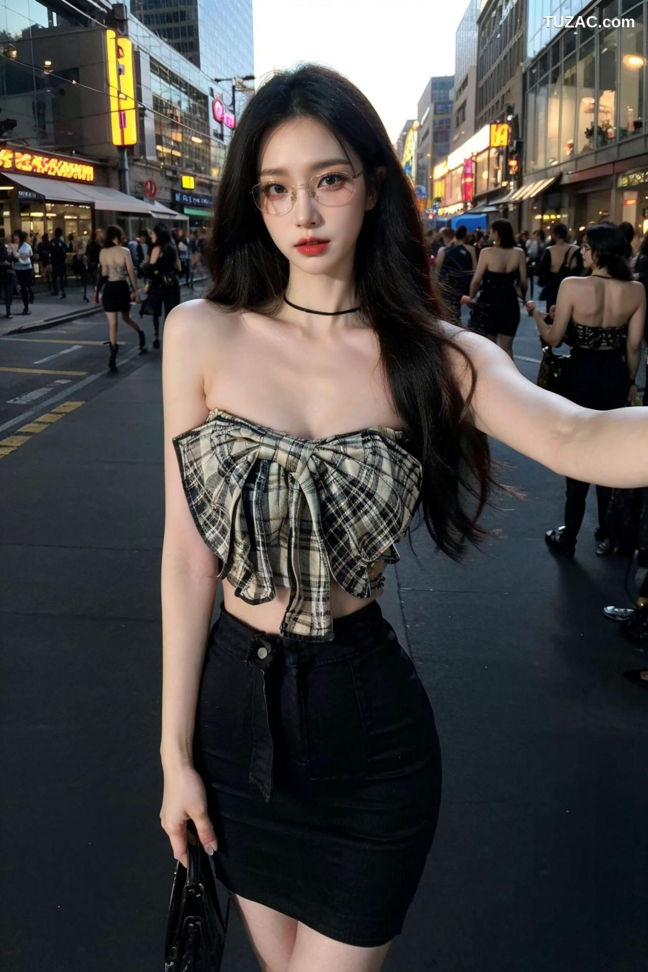 AI美女-超写实-格子蝴蝶结抹胸黑短裙美女街拍