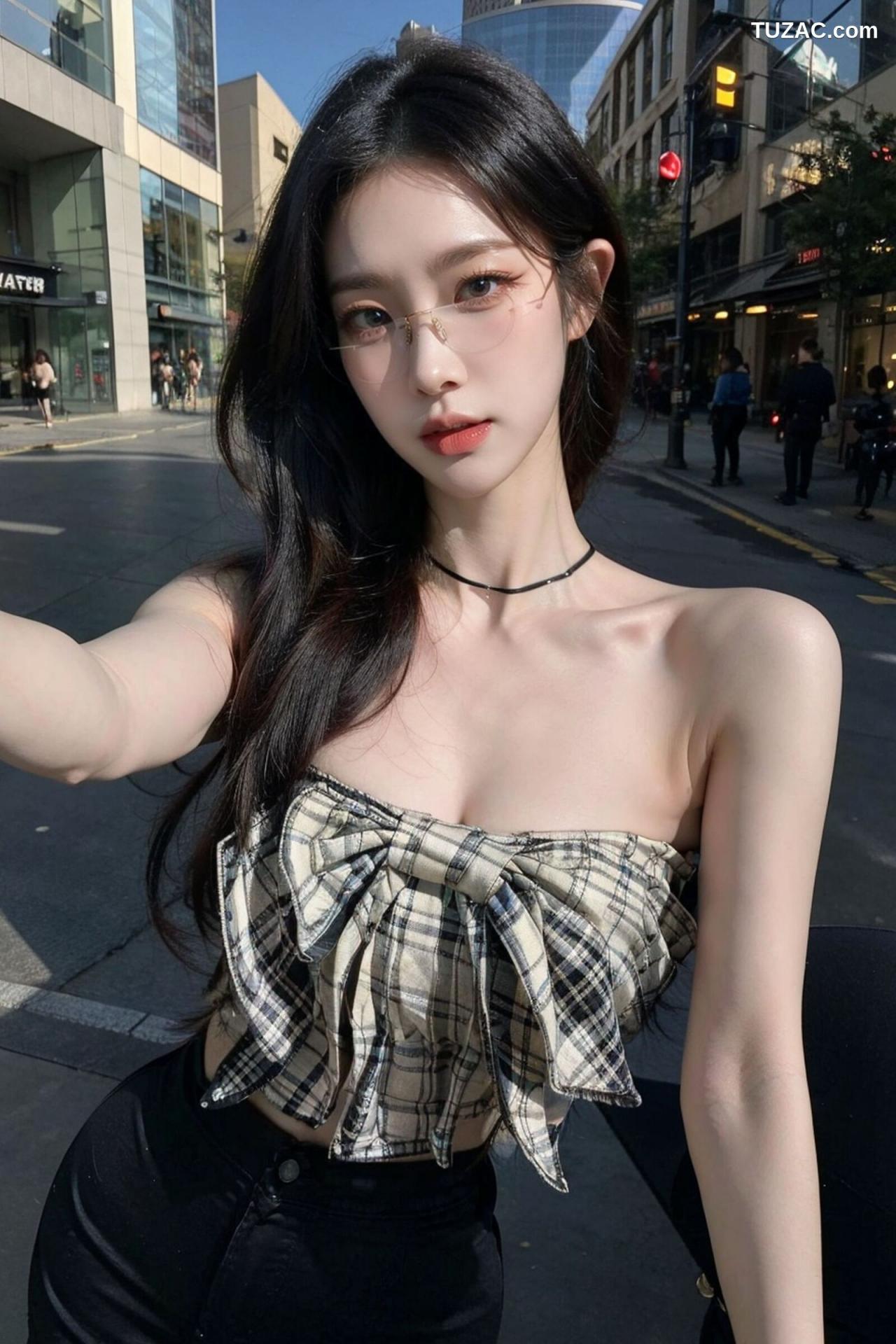 AI美女-超写实-格子蝴蝶结抹胸黑短裙美女街拍