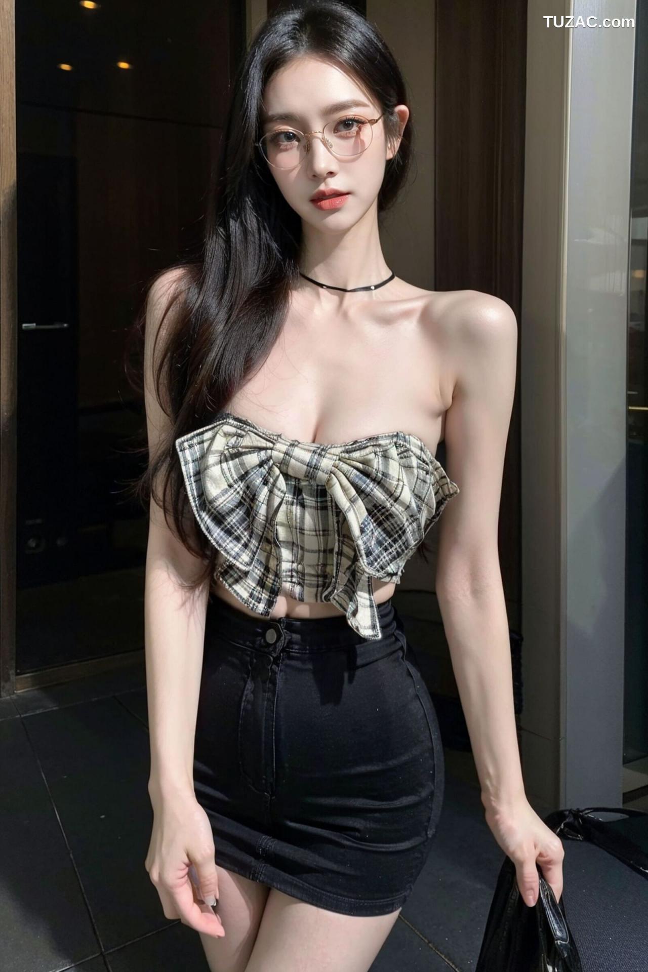 AI美女-超写实-格子蝴蝶结抹胸黑短裙美女街拍