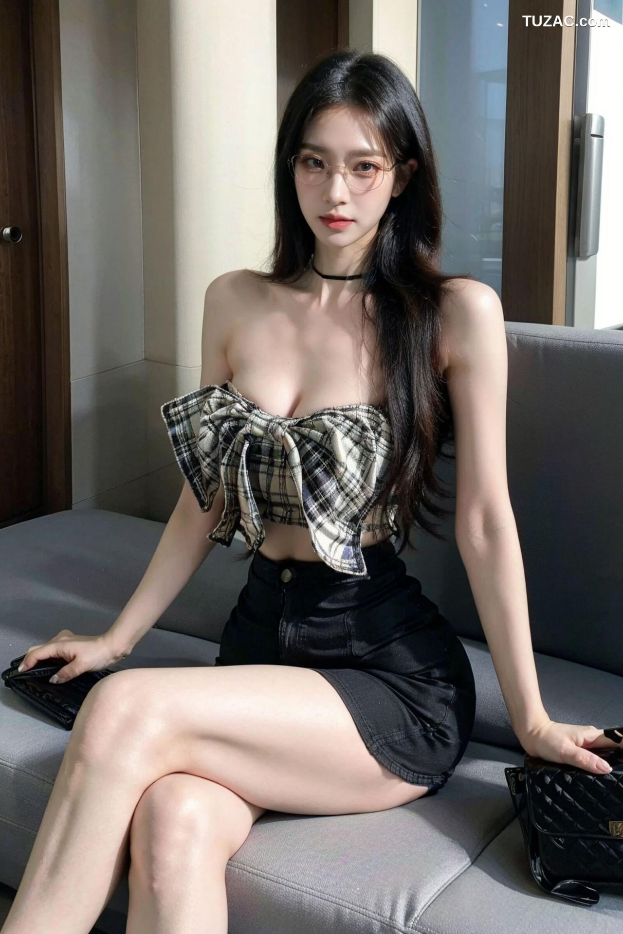 AI美女-超写实-格子蝴蝶结抹胸黑短裙美女街拍