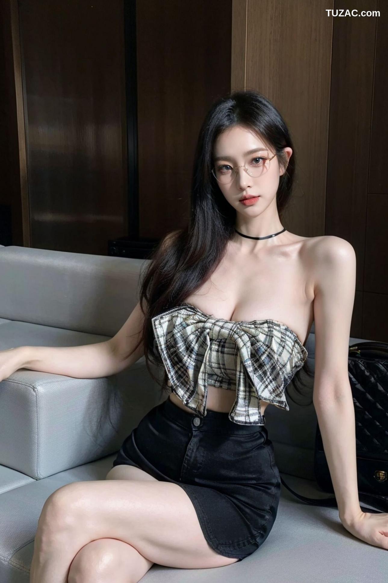 AI美女-超写实-格子蝴蝶结抹胸黑短裙美女街拍