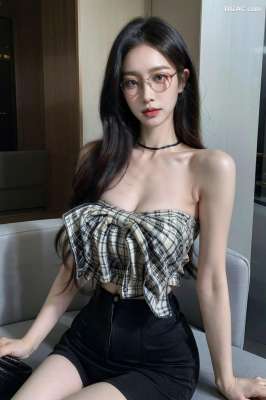 AI美女-超写实-格子蝴蝶结抹胸黑短裙美
